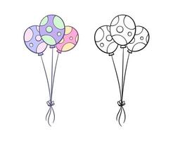 manojo de globos de lunares coloreados y conjunto de imágenes prediseñadas de contorno. hoja de trabajo de actividades para colorear fácil y simple para niños. vector