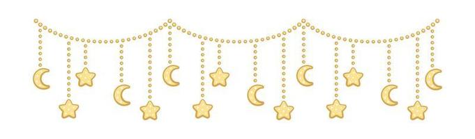 Moon and stars lights dangling bunting garland doodle illustration vector