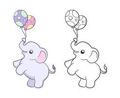 Cute baby elephant holding balloons with trunk cartoon outline illustration set. Easy animal coloring book page activity for kids vector