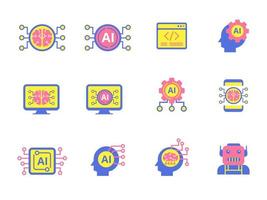 Set of artificial intelligence icons with a flat style isolated on white background. Colorful ai icons vector