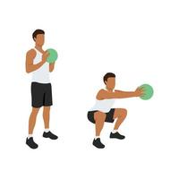 Man doing Medicine ball squat and reach exercise. Flat vector illustration isolated on white background