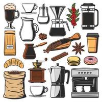 Isolated coffee beans and spices, machine icons vector