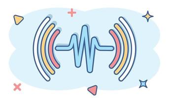 Sound wave icon in comic style. Heart beat vector cartoon illustration on white isolated background. Pulse rhythm splash effect business concept.