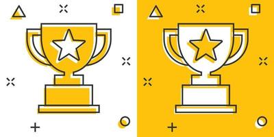 icono de copa de trofeo en estilo cómico. cáliz premio ilustración vectorial de dibujos animados sobre fondo aislado. concepto de negocio de signo de efecto de salpicadura de premio. vector