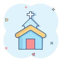 Church icon in comic style. Chapel vector cartoon illustration on white isolated background. Religious building business concept splash effect.