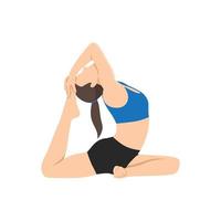 Woman doing One Legged King Pigeon Pose Iii. Practice Eka Pada Rajakapotasana Iii. Flat vector illustration isolated on white background