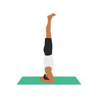 Man practicing yoga concept, standing in salamba sirsasana exercise, headstand pose, working out, Flat vector illustration isolated on white background