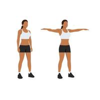 Woman doing Double arm side or lateral raises exercise. Raise both arms laterally until horizontal. Flat vector illustration isolated on white background