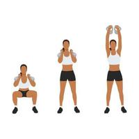 Woman doing kettlebell thruster or squat to clean to overhead press exercise. Flat vector illustration isolated on white background