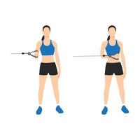 Woman doing External Cable Shoulder Rotation posture for exercise in 2 step. Illustration about workout with gym equipment to maintain a strong and stable shoulder joint. Flat vector illustration