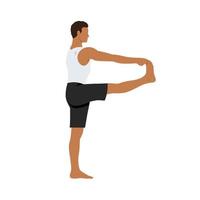 hombre de pie con la mano extendida al ejercicio del dedo gordo del pie, pose utthita hasta padangustasana. ilustración vectorial plana aislada sobre fondo blanco vector