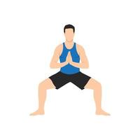 hombre haciendo diosa pose manos de oración, ángulo feroz pose manos de oración, victoria en cuclillas pose manos de oración, práctica utkata konasana namaste manos. ilustración vectorial plana aislada sobre fondo blanco vector