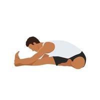 Man doing head to knee forward bend pose Janu sirsasana exercise. Flat vector illustration isolated on white background