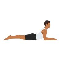 hombre haciendo ejercicio de pose de esfinge de salamba bhujangasana. ilustración vectorial plana aislada sobre fondo blanco vector