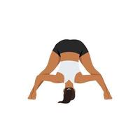 Woman doing intense Leg Stretch Pose D, Wide Legged Forward Fold Pose D, Standing Straddle Forward Bend D, Wide Angle Forward Fold D.Prasarita Padottanasana. Flat vector illustration