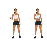 Woman doing External Cable Shoulder Rotation posture for exercise in 2 step. Illustration about workout with gym equipment to maintain a strong and stable shoulder joint. Flat vector illustration