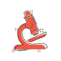 Microscope icon in comic style. Laboratory magnifier cartoon vector illustration on isolated background. Biology instrument splash effect sign business concept.