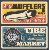 Car mufflers and tire market, vector