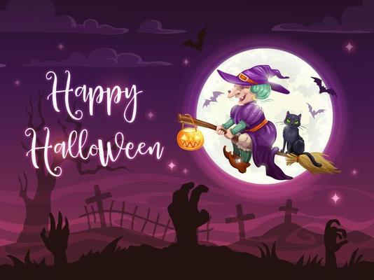 Flying halloween witch and black cat on cemetery