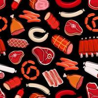 Butchery food seamless pattern, meat and sausages vector