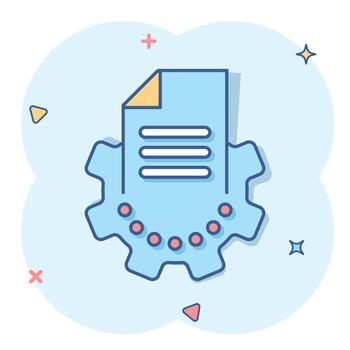 documento con icono de engranaje en estilo cómico. Ilustración de vector de dibujos animados de procesamiento de datos grandes sobre fondo blanco aislado. concepto de negocio de solución de efecto de salpicadura de software de hoja de papel.