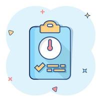 Document witch clock icon in comic style. Checklist survey cartoon vector illustration on white isolated background. Fast service splash effect business concept.