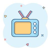 icono de tv en estilo cómico. ilustración de vector de signo de dibujos animados de televisión sobre fondo blanco aislado. concepto de negocio de efecto de salpicadura de canal de video.