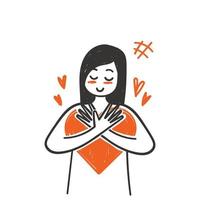 hand drawn doodle a happy and blushing woman hugging love illustration vector