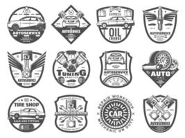 Car service, tire and engine repair icons vector