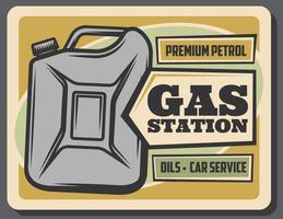 Gas station retro poster, gasoline jerrycan vector