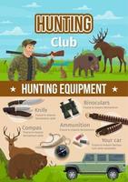 Hunting sport equipment, hunter and ammunition vector