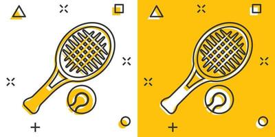 icono de raqueta de tenis en estilo cómico. Ilustración de vector de dibujos animados de raqueta de juego sobre fondo aislado. concepto de negocio de signo de efecto de salpicadura de actividad deportiva.