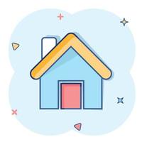 House building icon in comic style. Home apartment vector cartoon illustration pictogram. House dwelling business concept splash effect.