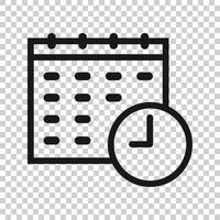 Calendar with clock icon in flat style. Agenda vector illustration on white isolated background. Schedule time planner business concept.