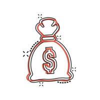 icono de bolsa de dinero en estilo cómico. Ilustración de vector de dibujos animados de bolsa de dinero sobre fondo aislado. signo de efecto de salpicadura de saco de monedas concepto de negocio.