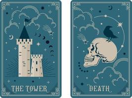 la ilustración de la carta del tarot de la torre y la muerte adivinación esotérica mística oculta. cartas del tarot celestial tarot basico de brujas