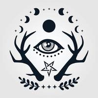 The third eye is surrounded by antlers crescent moon and stars, Halloween witchcraft vector print.