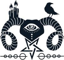 Satanic goat head with the pentagram, eye, candle, and raven  Illustration for tattoo, print, and emblem. vector