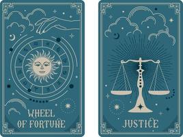 Wheel of fortune and Justice tarot card illustration fortune telling occult mystic esoteric. Celestial Tarot Cards Basic witch tarot vector