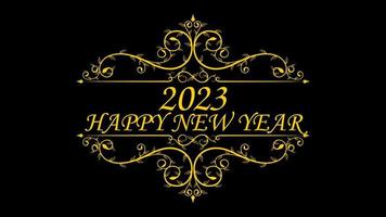 Happy New Year 2023. yellow text with floral ornament isolated on a black background. Suitable for greeting card, banner, poster vector