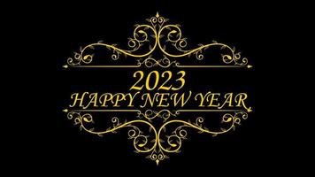 Happy New Year 2023. yellow text with floral ornament isolated on a black background. Suitable for greeting card, banner, poster vector