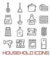 Household line art icons for kitchen and bathroom vector