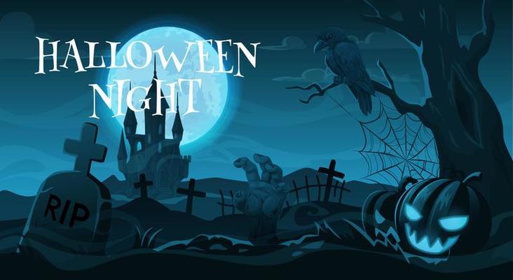 Cemetery or graveyard, Halloween night holiday