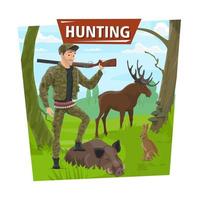 Hunter in forest with wild animals trophy vector