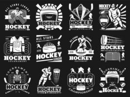 Ice hockey sport monochrome icons, vector