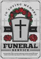 cartel de servicios funerarios con lápida y corona vector