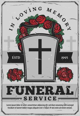 Funeral services poster with gravestone and wreath
