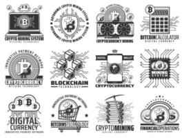 Cryptocurrency, mining and blockchain icons vector