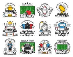 Rugby club championship, sport equipment icons vector