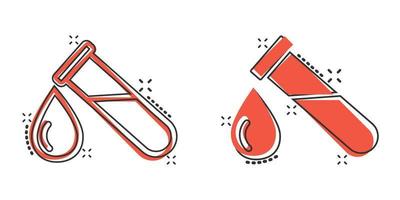 Blood in test tube icon in comic style. Laboratory flask cartoon vector illustration on isolated background. Liquid in beaker splash effect sign business concept.